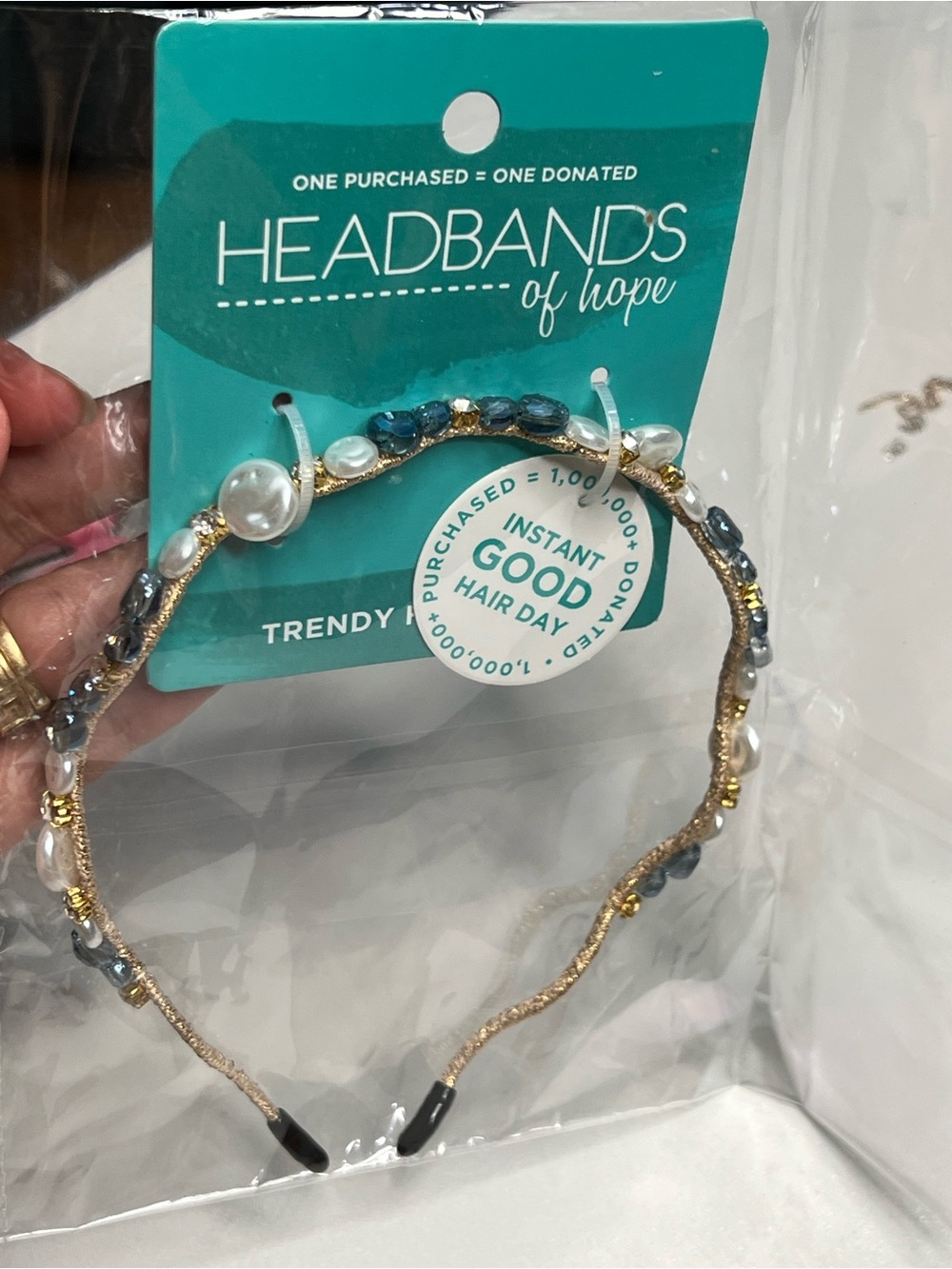 Headband of hope Gold Headband with Blue Beads and Pearl Accents